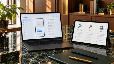 Illustrative elektronische Prüfung zu „Ein Gesellschafter bringt Arbeitsleistung ein – wem gehören die daraus entstehenden Innovationen?“ auf einem schwarzen Laptop an einem grünen Marmorschreibtisch